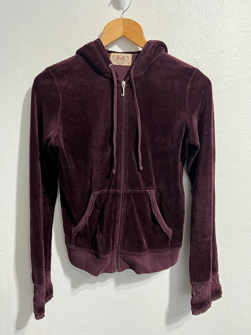 Vintage Juicy Couture Plum Purple Velour Zip Hoodie Med Crochet Bell Y2k 2000s